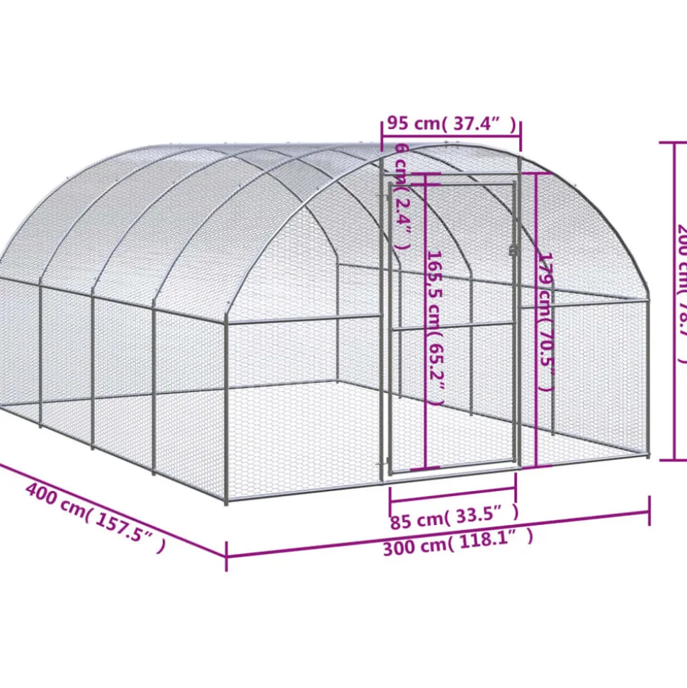 HELLOSHOP26 - Poulailler enclos cage poules d'extérieur 3 x 4 x 2 m acier galvanisé argent