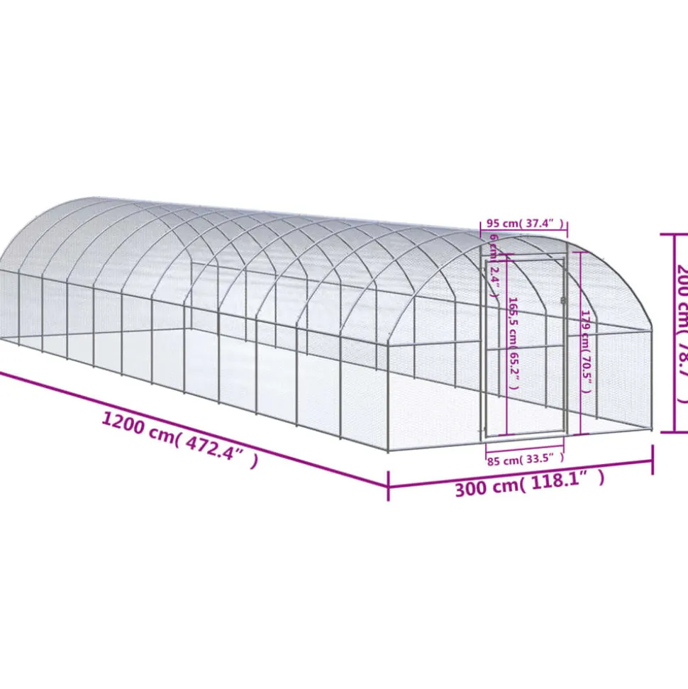 HELLOSHOP26 - Poulailler enclos cage poules d'extérieur 3 x 12 x 2 m acier galvanisé argent