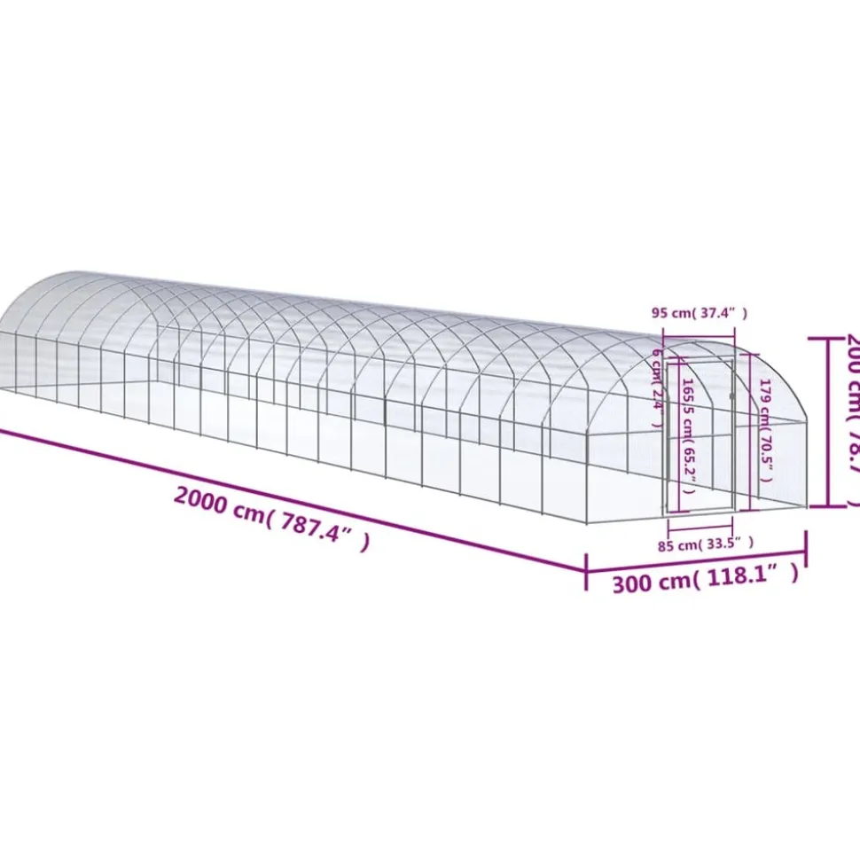 HELLOSHOP26 - Poulailler enclos cage poules d'extérieur 3 x 20 x 2 m acier galvanisé argent