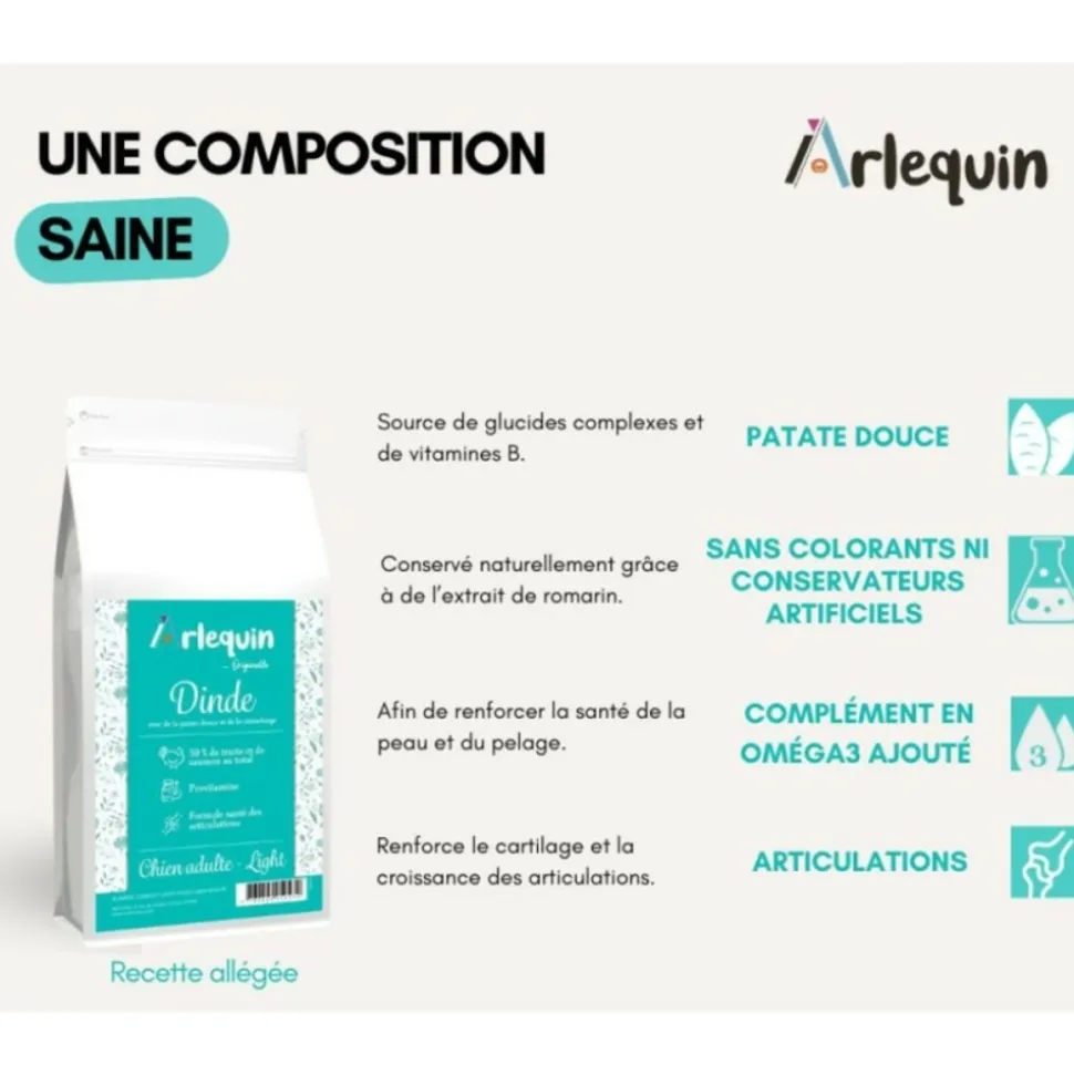 ARLEQUIN ORIGINELLE - Croquette chien sans céréales light arlequin originelle dinde 2 kg