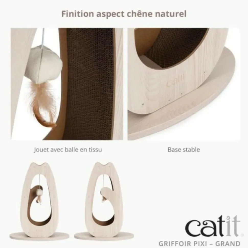 CAT IT - Griffoir pour chat - catit - pixi grand - avec balle en tissu et plume - aspect chene naturel