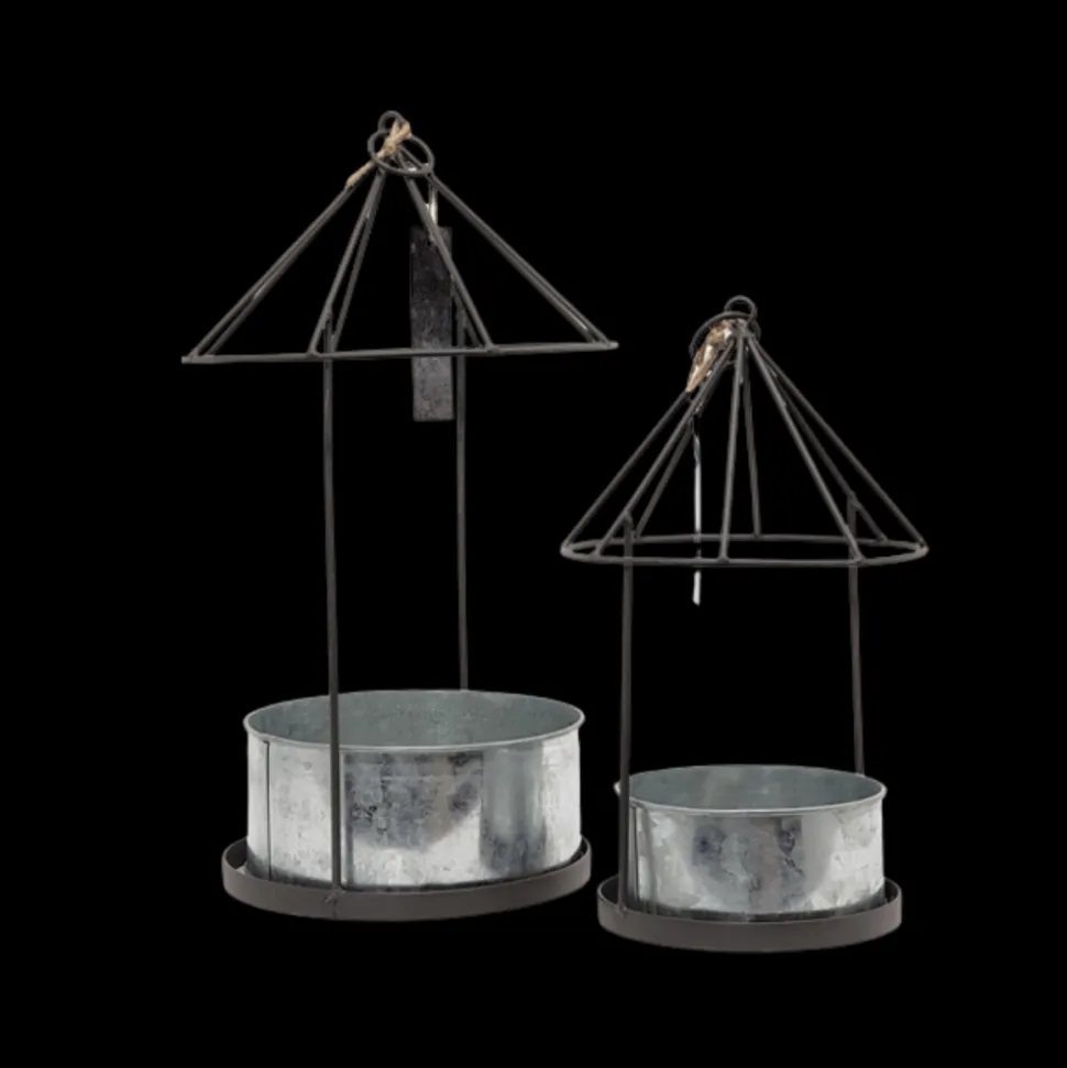 CHEMIN DE CAMPAGNE - Set2 mangeoires oiseaux abreuvoir jardin métal gris 28.5-41cm