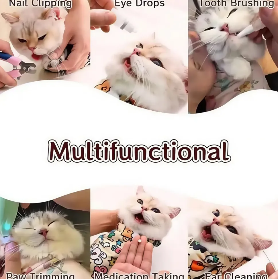 DOWNYPAWS - Chiffon de toilettage anti-évasion pour chat, sac auto-adhésif pour coupe et nettoyage faciles des ongles