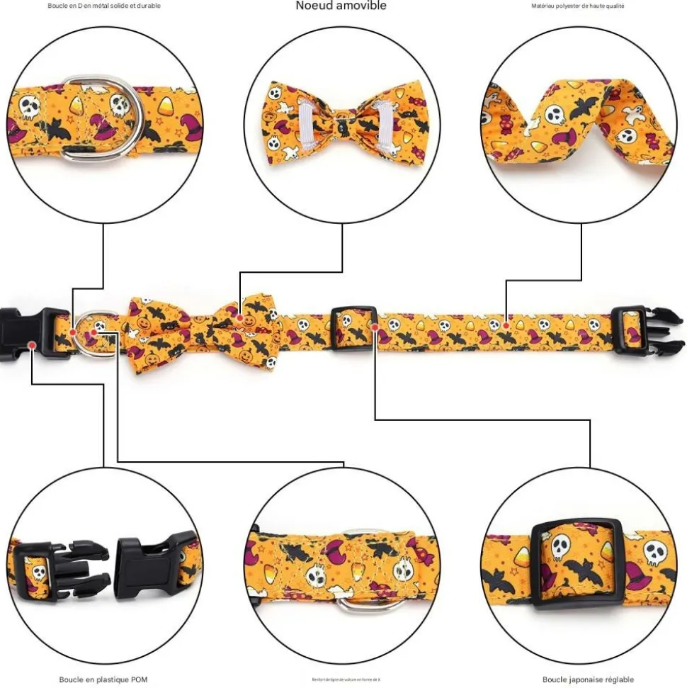 DOWNYPAWS - Collier pour chien d'halloween avec motifs de citrouille, fantôme et chauve - souris taille l : 2,5*60cm vert