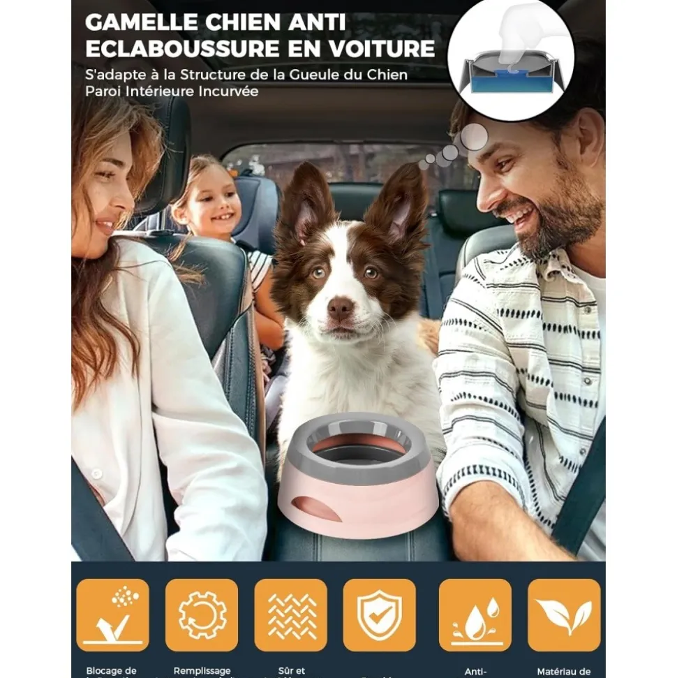 DOWNYPAWS - Gamelle pour chien-gamelle d'eau anti-débordement-en voiture-rose-15.3x18.9x8cm