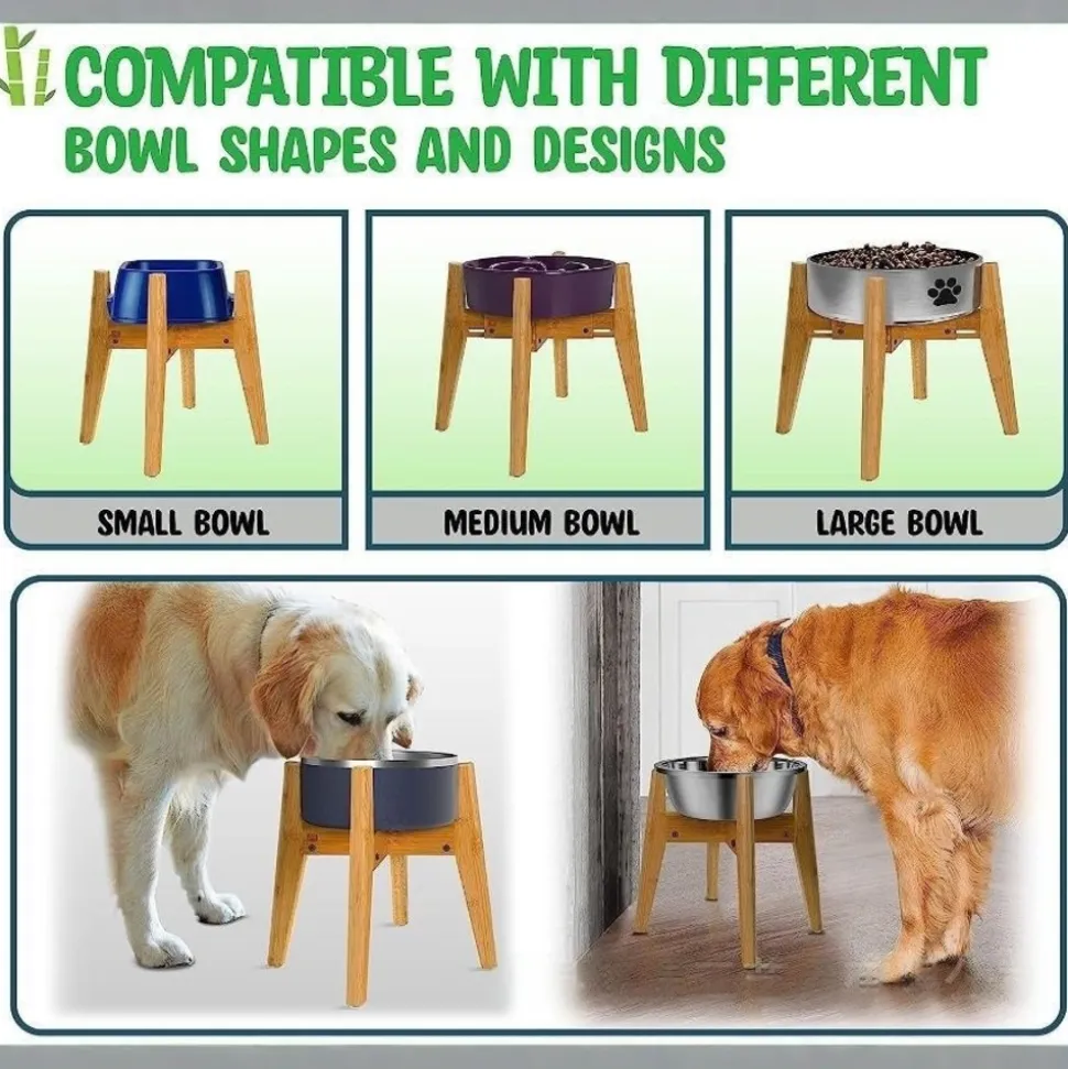 DOWNYPAWS - Gamelle surélevée réglable en bambou pour chien