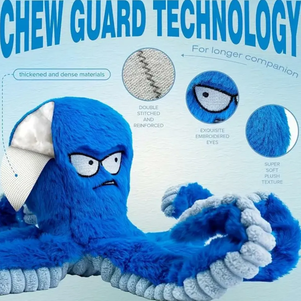 DOWNYPAWS - Jouet En Peluche Blue Octopus Pour Chien - Idéal Pour Nettoyage Dentaire Des Chiens De Taille Moyenne Et Grande