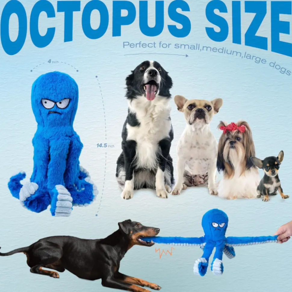 DOWNYPAWS - Jouet En Peluche Blue Octopus Pour Chien - Idéal Pour Nettoyage Dentaire Des Chiens De Taille Moyenne Et Grande