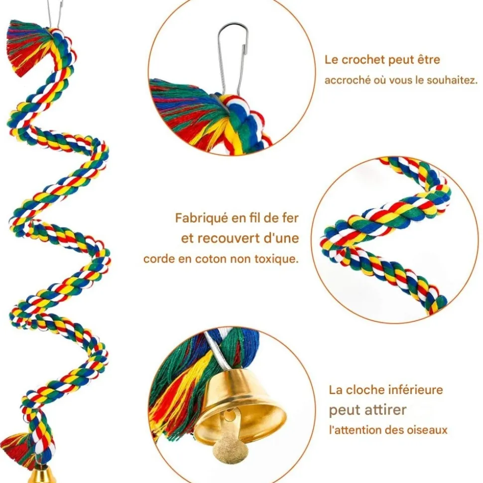 DOWNYPAWS - Jouets pour oiseaux-jouet à corde pour oiseaux 100cm-forme réglable avec cloche