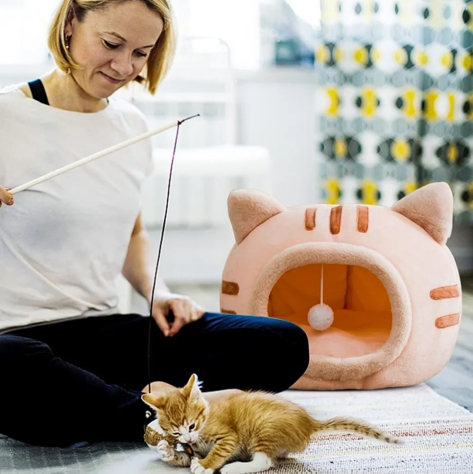 DOWNYPAWS - Lit pour chat-panier pour chat -forme de tête de chat-rose 40*40*32cm