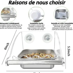 DOWNYPAWS - Mangeoire pour oiseaux - transparent cage mangeur perchoir antidérapant bol acier inoxydable remplissage facile