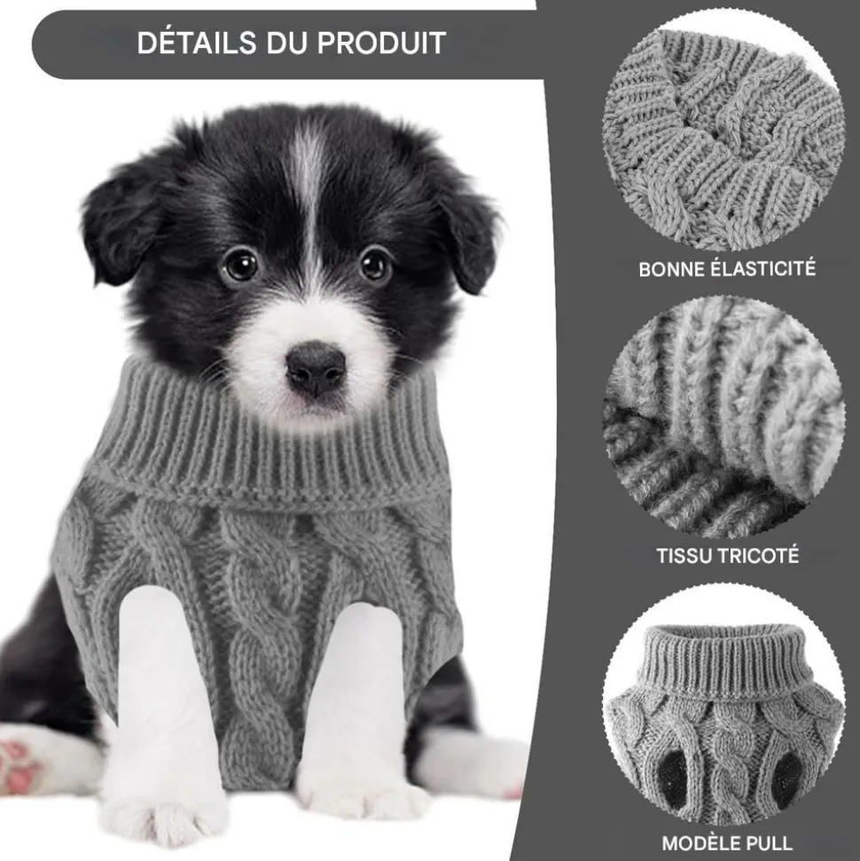 DOWNYPAWS - Manteau de laine tricoté pour chien,tricot torsadé de couleur unie