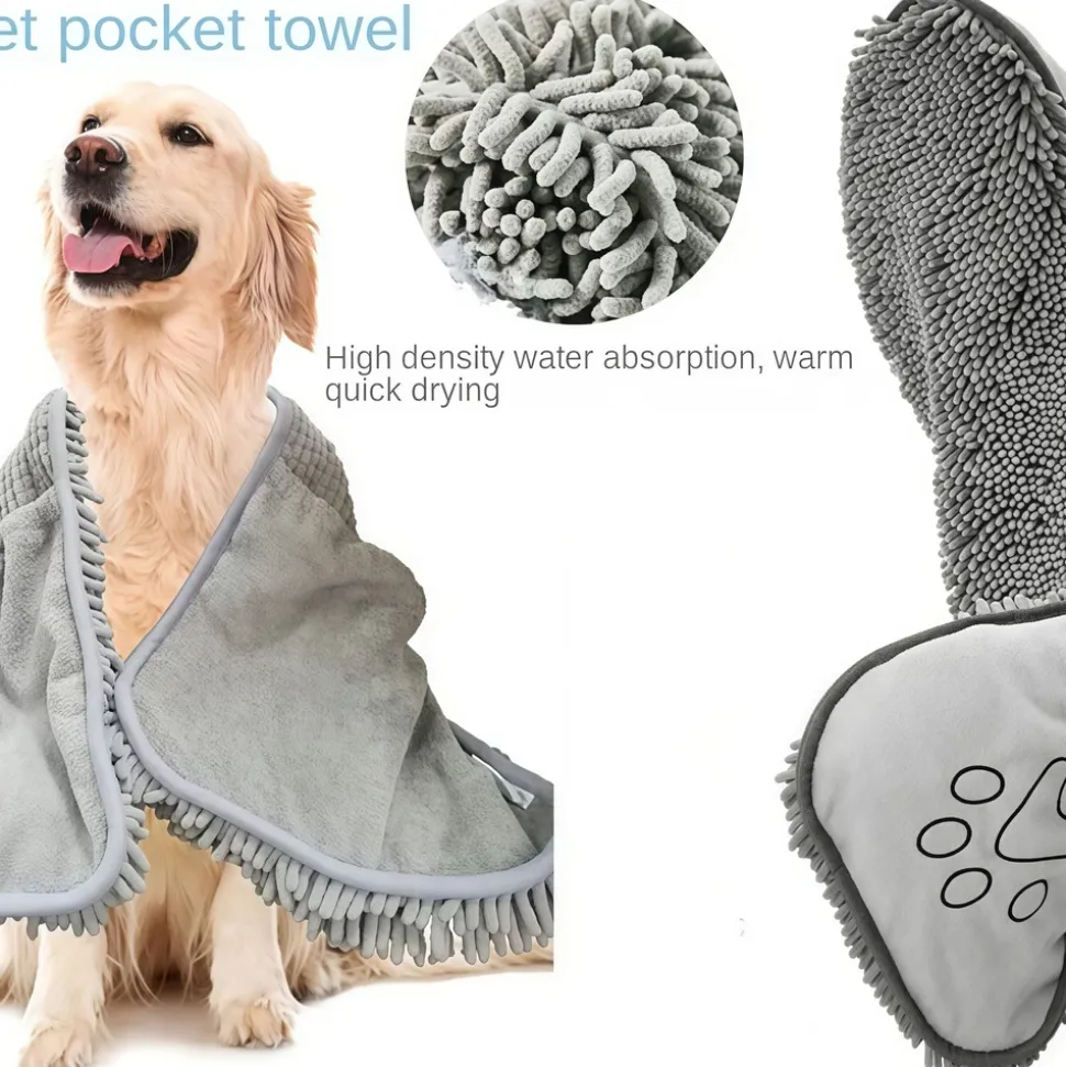 DOWNYPAWS - Serviette de bain en microfibre chenille écologique - séchage rapide et absorbante pour chats et chiens