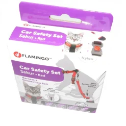 FLAMINGO - Harnais de sécurité voiture + laisse rouge 15 mm pour chat