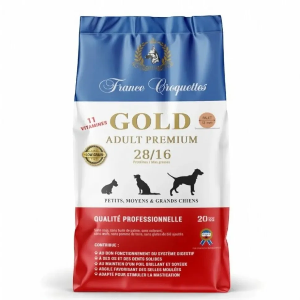FRANCE CROQUETTES - Croquette pour chien adulte gold adult premium 28/16 low grain – 20kg – adulte toute race/taille– france croquettes