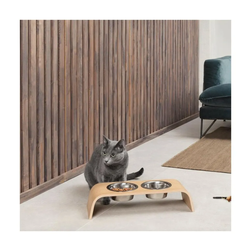 Gero - set de 2 gamelles surélevées en acier, socle bois chêne