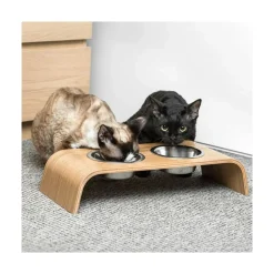 Gero - set de 2 gamelles surélevées en acier, socle bois chêne