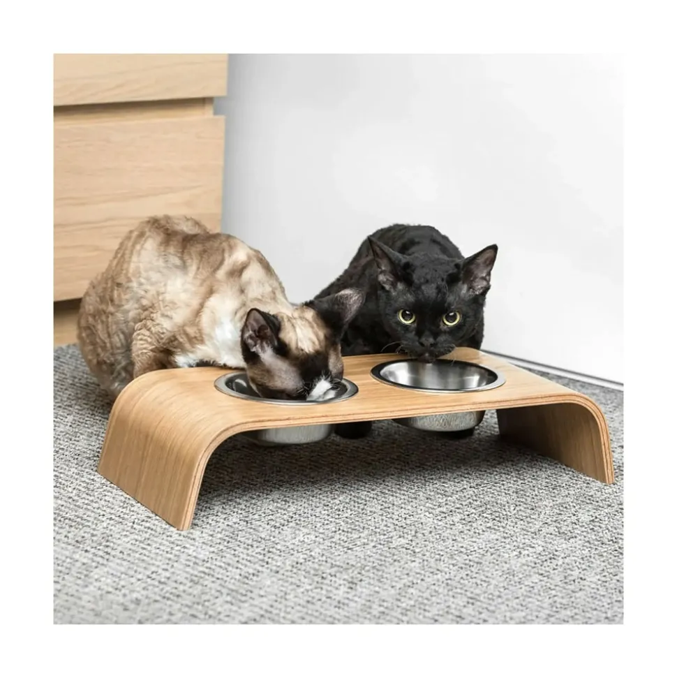 Gero - set de 2 gamelles surélevées en acier, socle bois chêne
