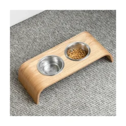 Gero - set de 2 gamelles surélevées en acier, socle bois chêne