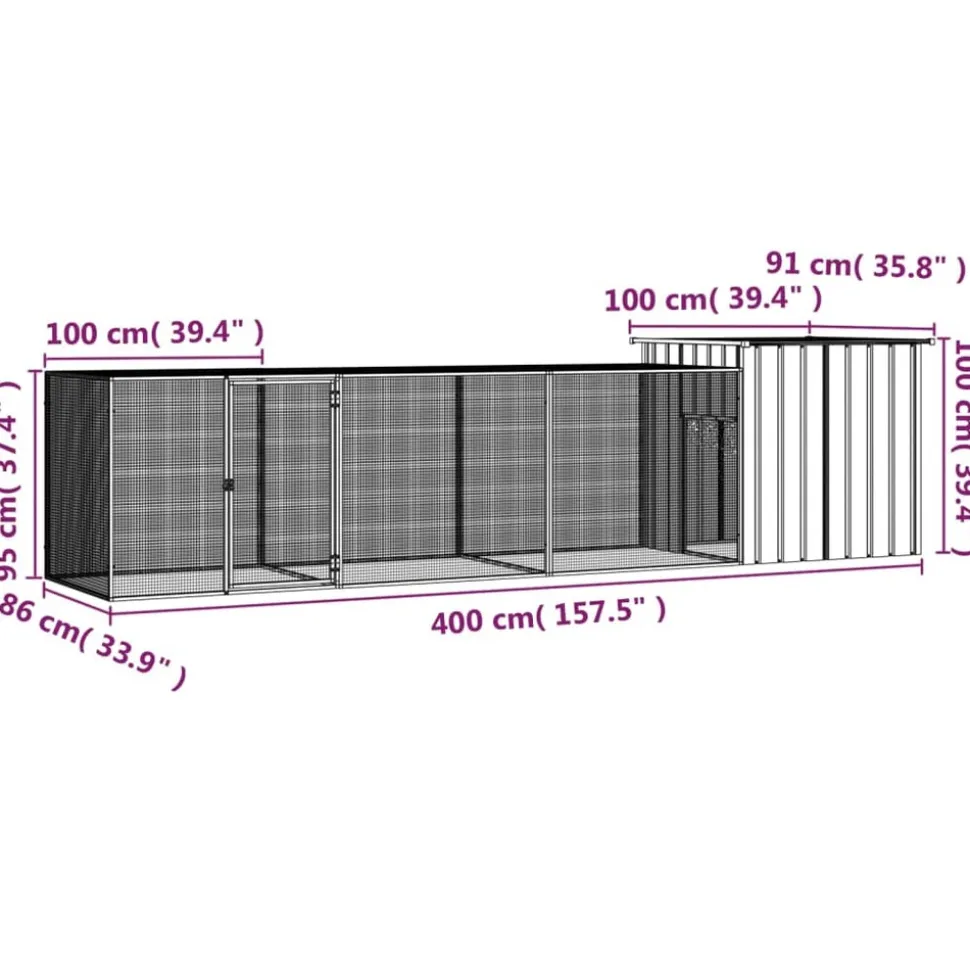 HELLOSHOP26 - Cage pour poules 400 x 91 x 100 cm acier galvanisé gris