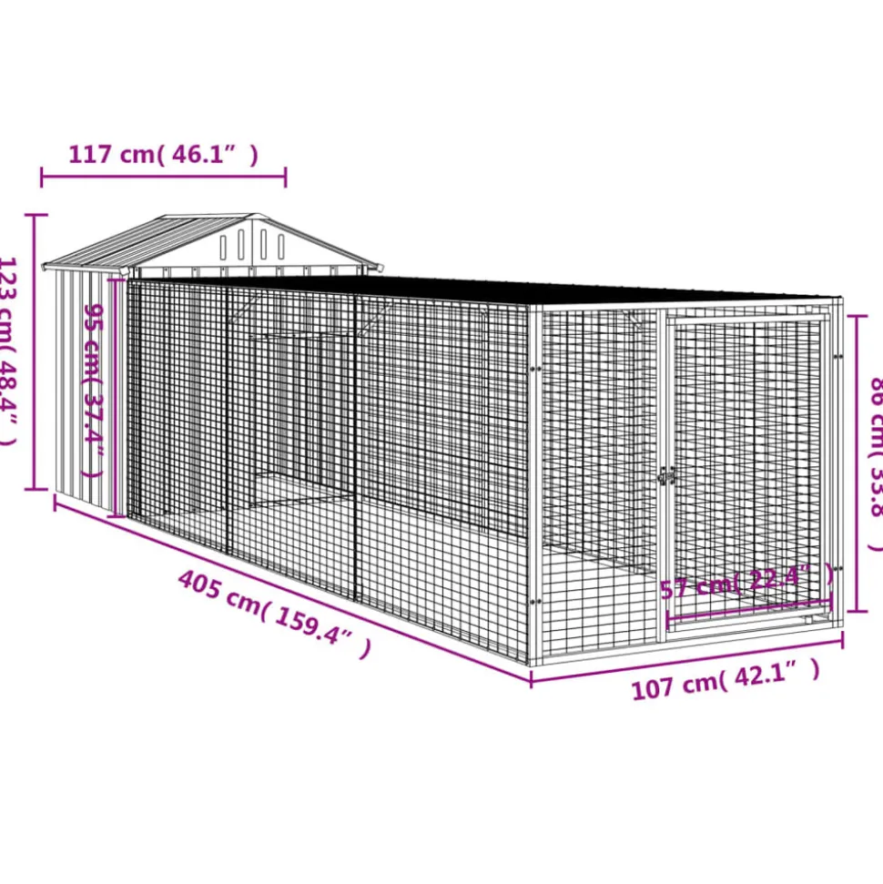 HELLOSHOP26 - Poulailler enclos cage poules avec cour clair 117 x 405 x 123 cm acier galvanisé gris