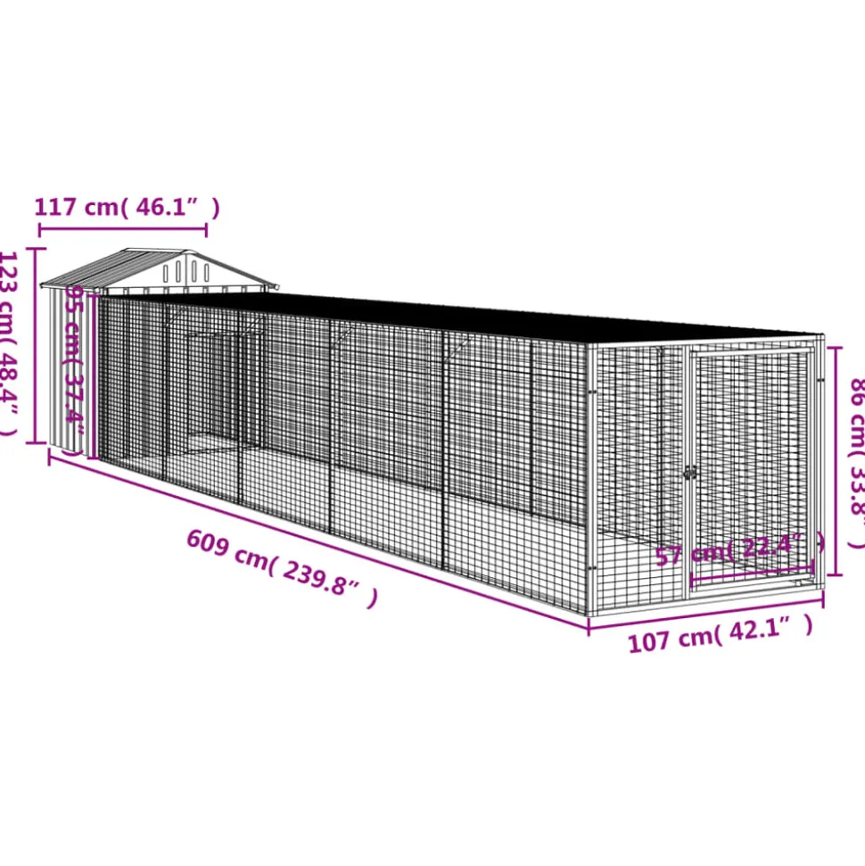 HELLOSHOP26 - Poulailler enclos cage poules avec cour clair 117 x 609 x 123 cm acier galvanisé gris