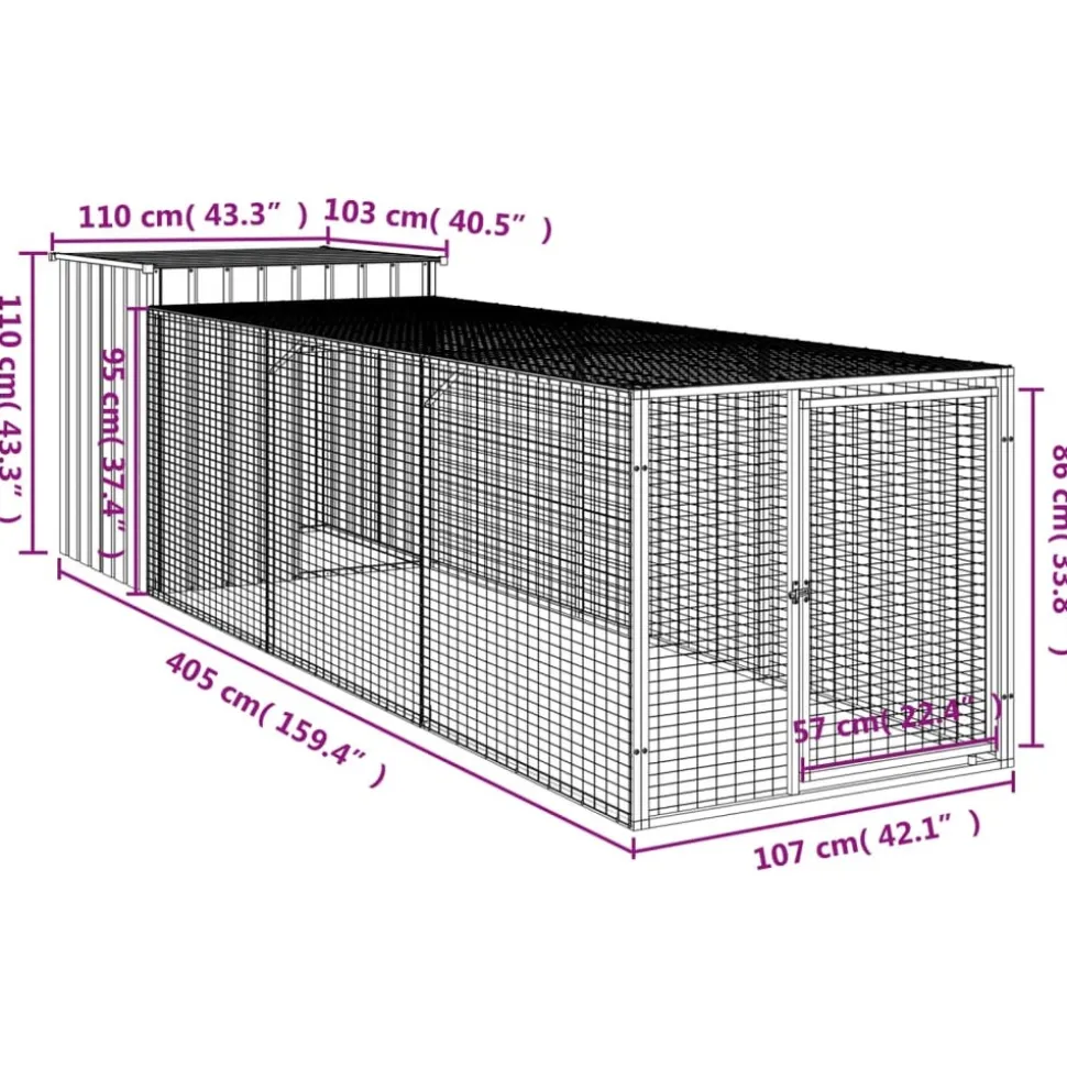 HELLOSHOP26 - Poulailler enclos cage poules avec cour 110 x 405 x 110 cm acier galvanisé anthracite