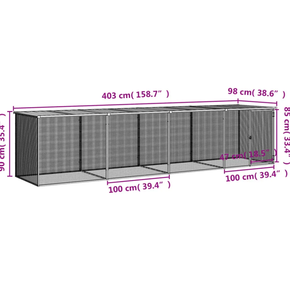 HELLOSHOP26 - Poulailler enclos cage poules avec toit clair 403 x 98 x 90 cm acier galvanisé gris