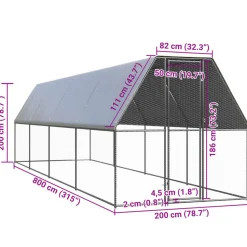 HELLOSHOP26 - Poulailler enclos cage poules d'extérieur 2 x 8 x 2 m acier galvanisé argent
