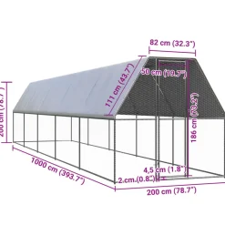 HELLOSHOP26 - Poulailler enclos cage poules d'extérieur 2 x 10 x 2 m acier galvanisé argent