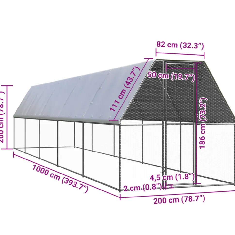 HELLOSHOP26 - Poulailler enclos cage poules d'extérieur 2 x 10 x 2 m acier galvanisé argent