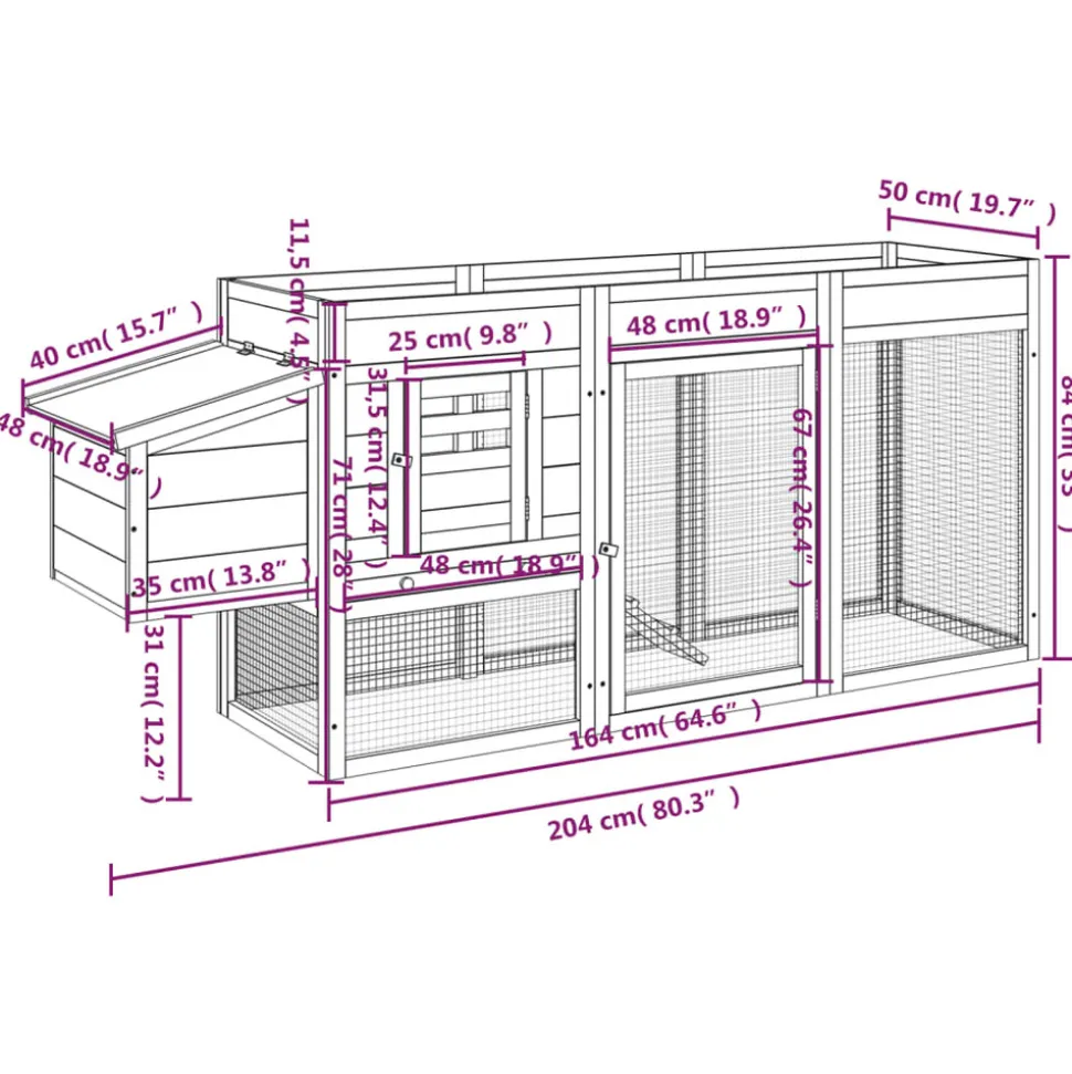HELLOSHOP26 - Poulailler enclos cage poules moka 204 x 50 x 84 cm bois massif de pin marron