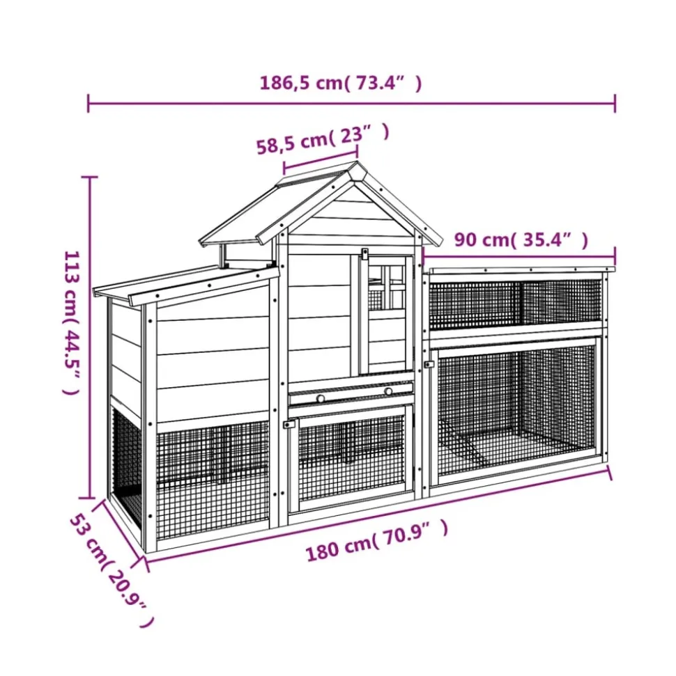 HELLOSHOP26 - Poulailler enclos cage poules 186,5 x 58,5 x 113 cm bois massif de pin gris