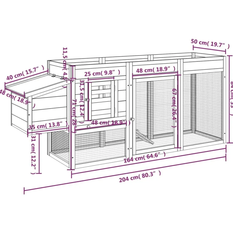 HELLOSHOP26 - Poulailler enclos cage poules 204 x 50 x 84 cm bois massif de pin marron