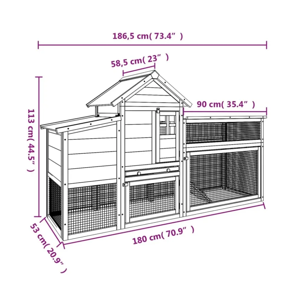 HELLOSHOP26 - Poulailler enclos cage poules 186,5 x 58,5 x 113 cm bois massif de pin marron