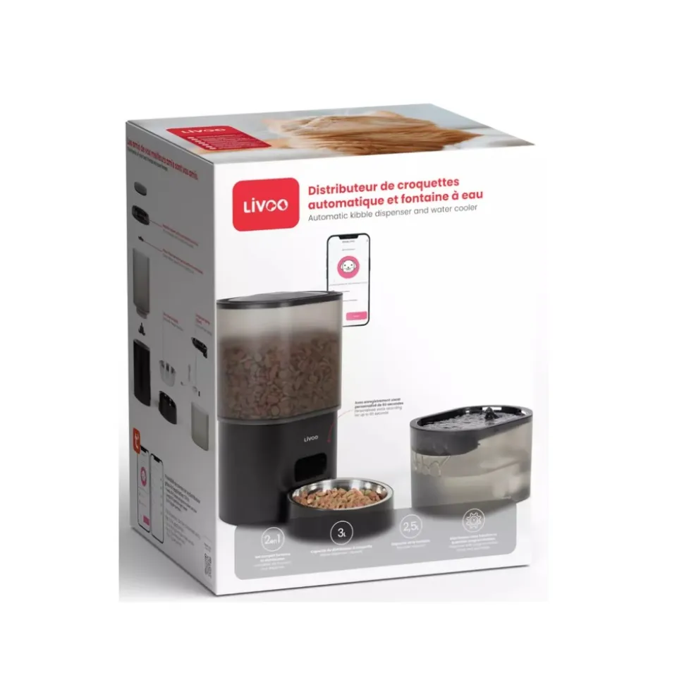Livoo distributeur de croquettes automatique 5w noir + fontaine à eau - pet107