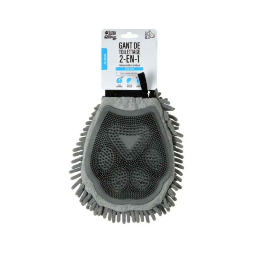PARIS PRIX - Gant de toilettage en microfibre "2 en 1" 25cm gris