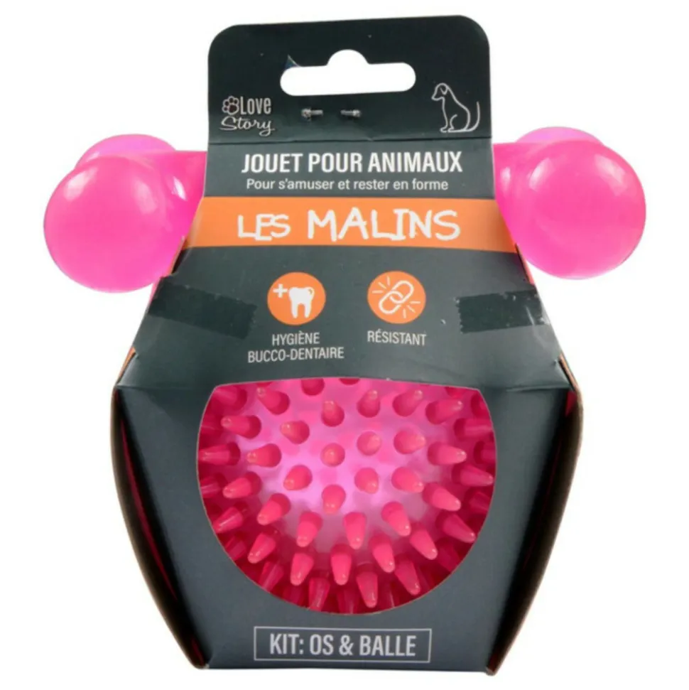 PARIS PRIX - Lot de 2 jouets pour chien "balle & os" 13cm rose
