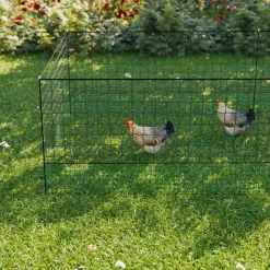SWEEEK - Kit filet clôtures pour poules 50m avec 14 piquets double pointes. Modulable. Porte d'accès. Sardines incluses