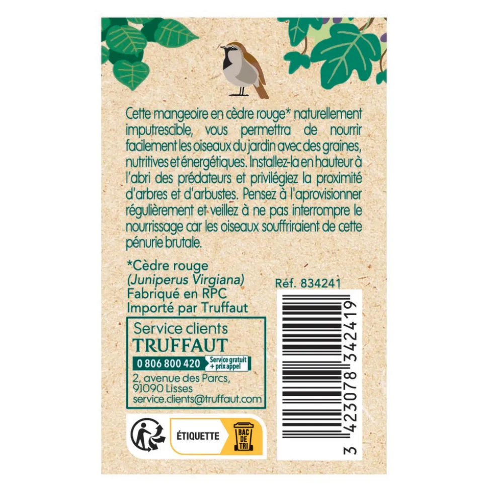 TRUFFAUT BIODIVERSITÉ - Mangeoire Folk en bois pour oiseaux du jardin