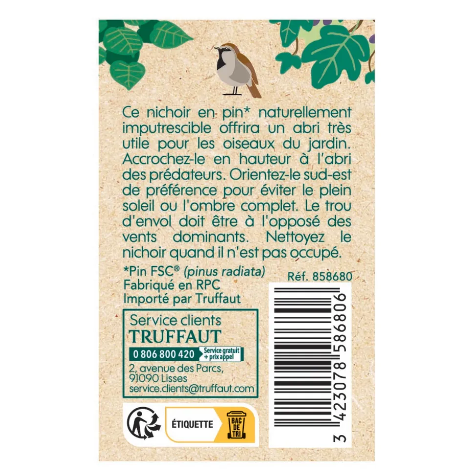 TRUFFAUT BIODIVERSITÉ - Nichoir Cosy en pin naturel, mésanges - L.14.5xl.10.5xH.15.5 cm