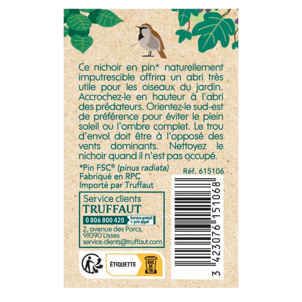TRUFFAUT BIODIVERSITÉ - Nichoir Ecorce pour oiseaux du jardin - L.17 x l.14 x H.17 cm
